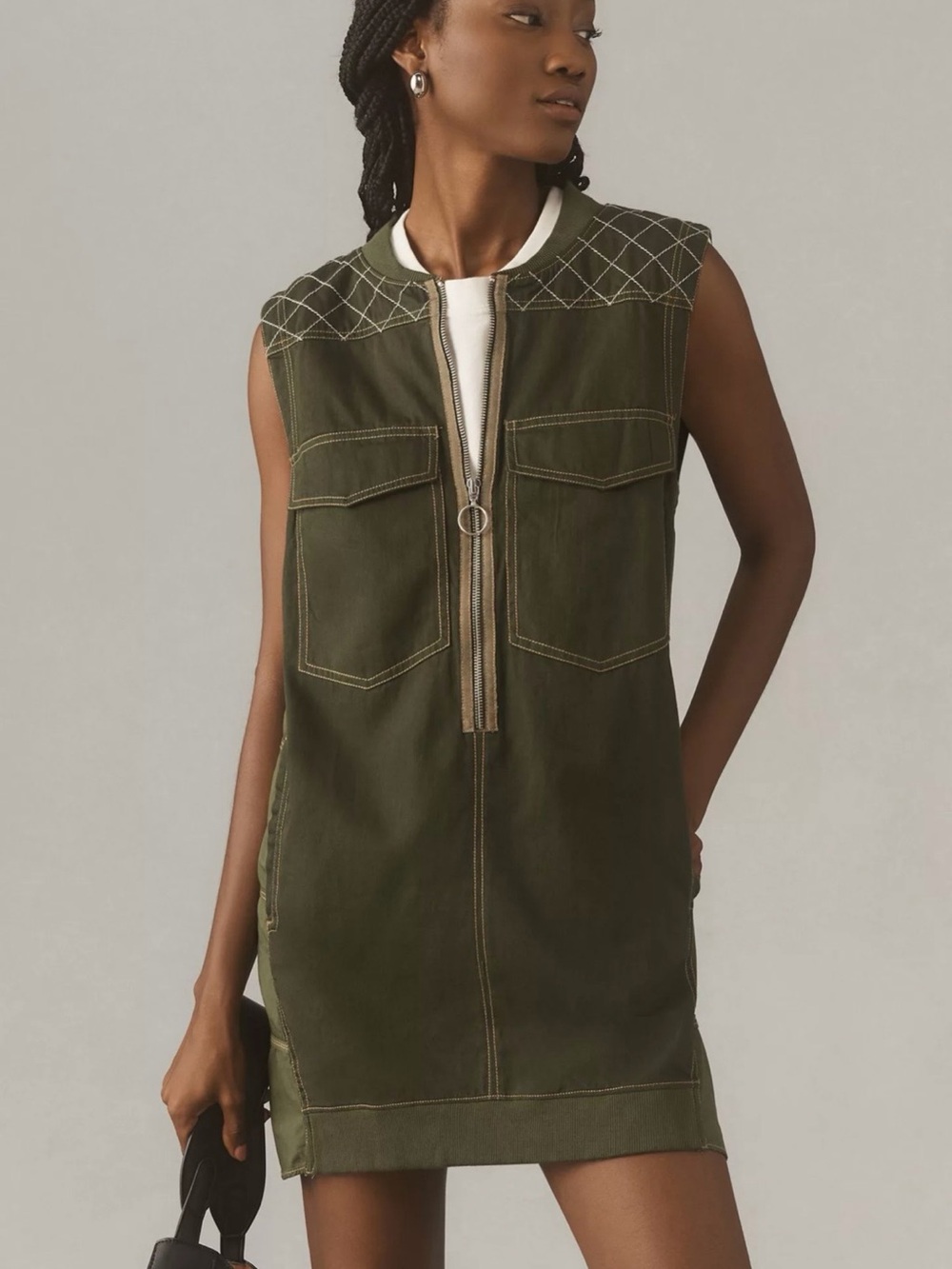 Anthropologie Pilcro Sleeveless olive green Utility Mini Dress.SizeXS.100%cotton